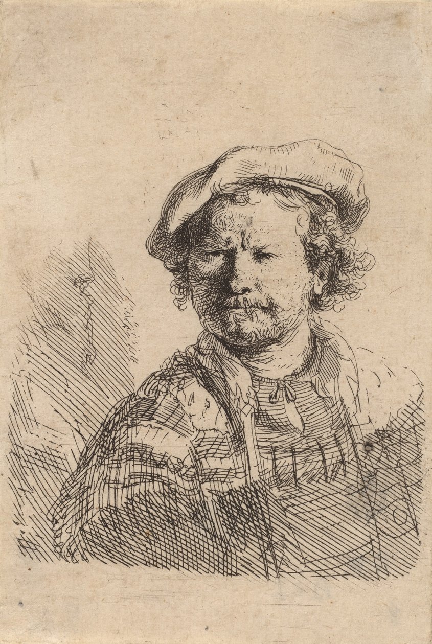 फ्लैट कैप और कढ़ाई वाली ड्रेस में सेल्फ-पोर्ट्रेट, c. 1642. द्वारा रिमब्रांड वैन रिजन