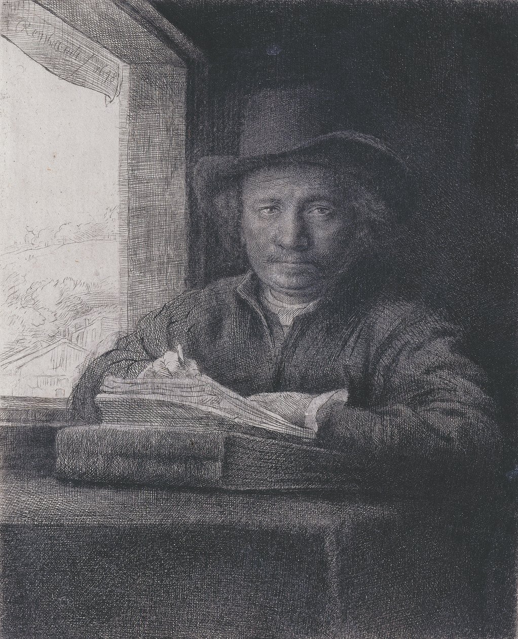 सेल्फ-पोर्ट्रेट, नक़्क़ाशी एक खिड़की पर, 1648 (नक़्क़ाशीदार कागज पर नक्काशी नक्काशी) द्वारा रिमब्रांड वैन रिजन