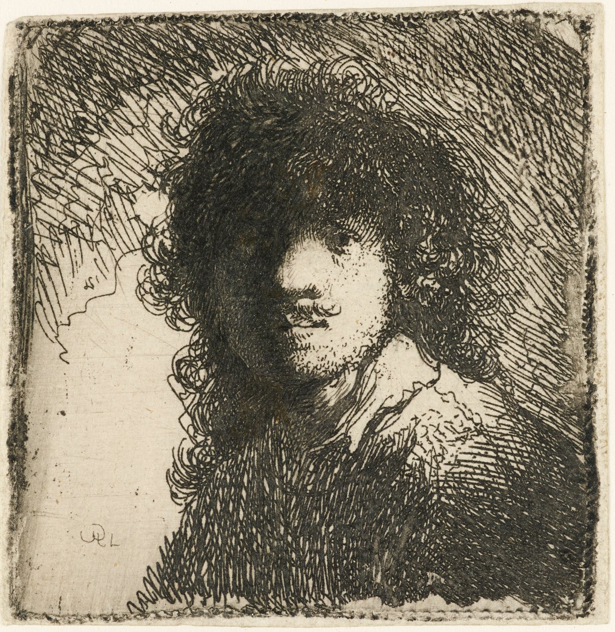 सेल्फ-पोर्ट्रेट बेयर-हेडेड: बस्ट, c.1629। द्वारा रिमब्रांड वैन रिजन