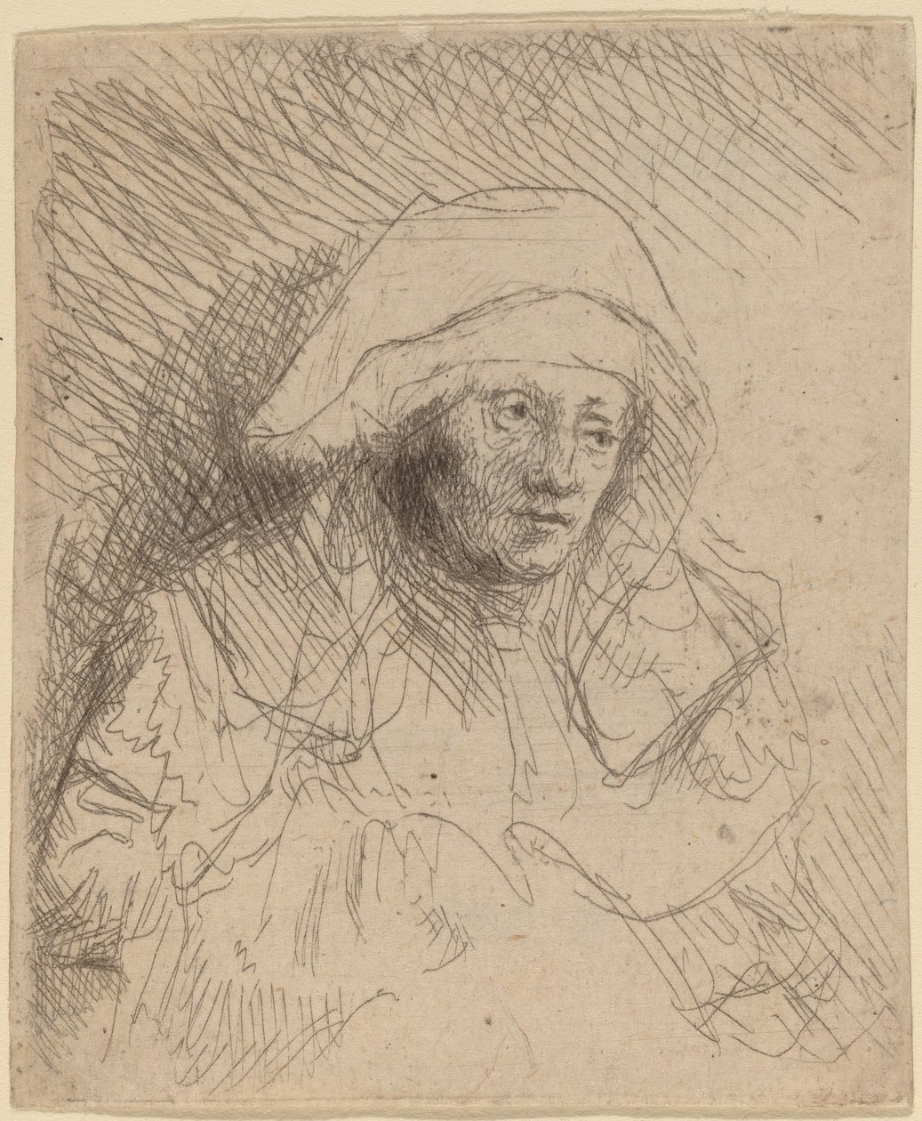 एक बड़ी सफेद साफ़ा वाली बीमार महिला सास्किया, c. 16411642. द्वारा रिमब्रांड वैन रिजन
