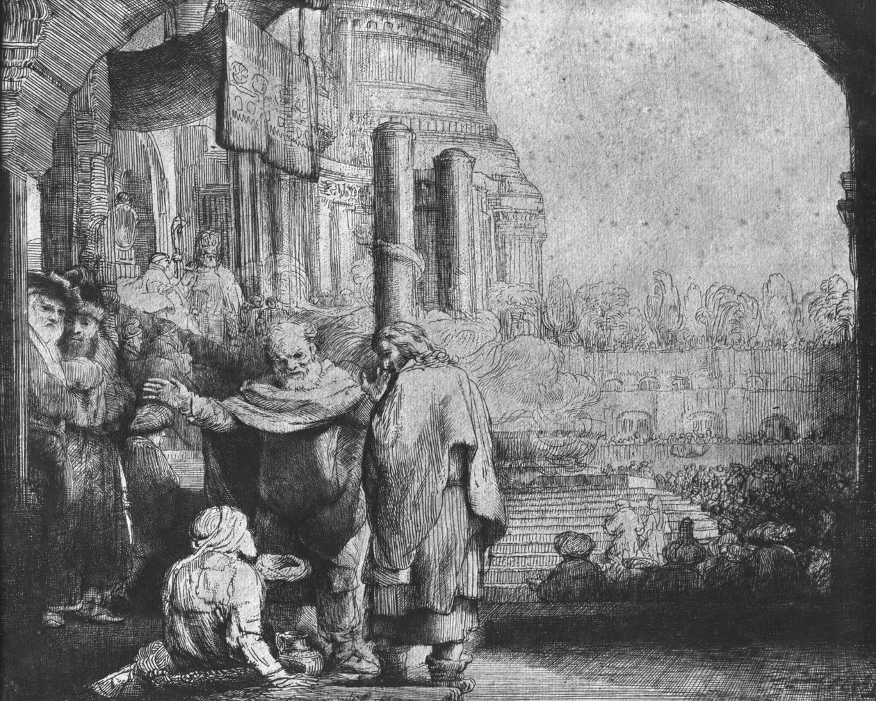 सेंट पीटर और सेंट जॉन मंदिर के प्रवेश द्वार पर, 1649 (नक़्क़ाशी) (bw फोटो) द्वारा रिमब्रांड वैन रिजन