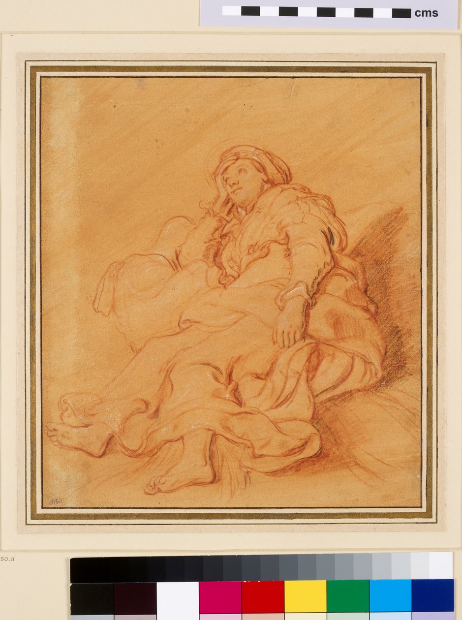 राहेल के चित्र का अध्ययन, c.1621 (नारंगी तैयार कागज पर काले और सफेद चाक के साथ लाल चाक) द्वारा रिमब्रांड वैन रिजन