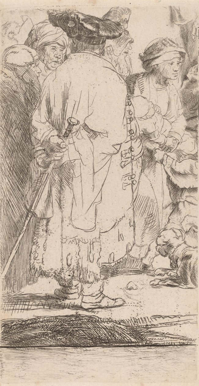 द मैन विथ ए केन फ्रैगमेंट फ्रॉम द हंड्रेड गिल्डर प्रिंट, c. 1649. द्वारा रिमब्रांड वैन रिजन