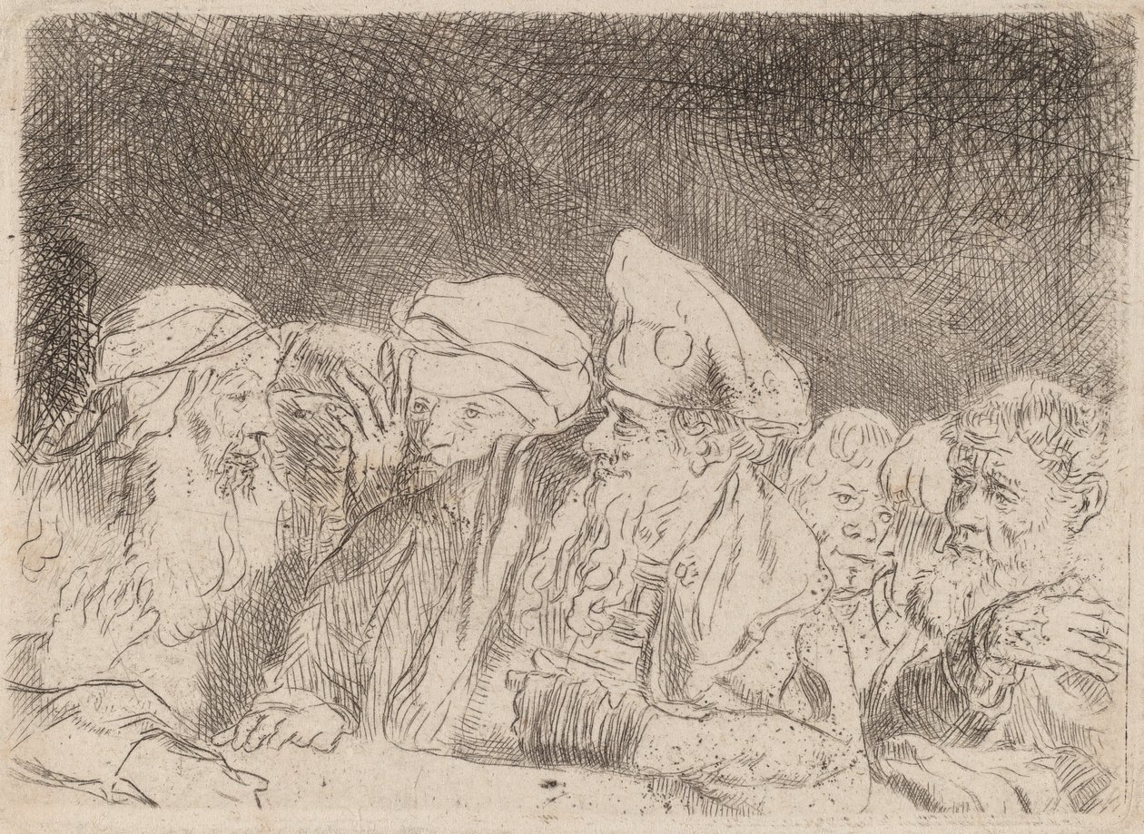 द फरीसीज़ डिबेटिंग फ्रैगमेंट फ्रॉम द हंड्रेड गिल्डर प्रिंट, c. 1649. द्वारा रिमब्रांड वैन रिजन
