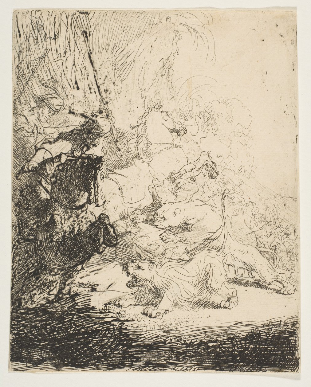 छोटे शेर का शिकार, दो शेरों के साथ, ca. 1632। द्वारा रिमब्रांड वैन रिजन