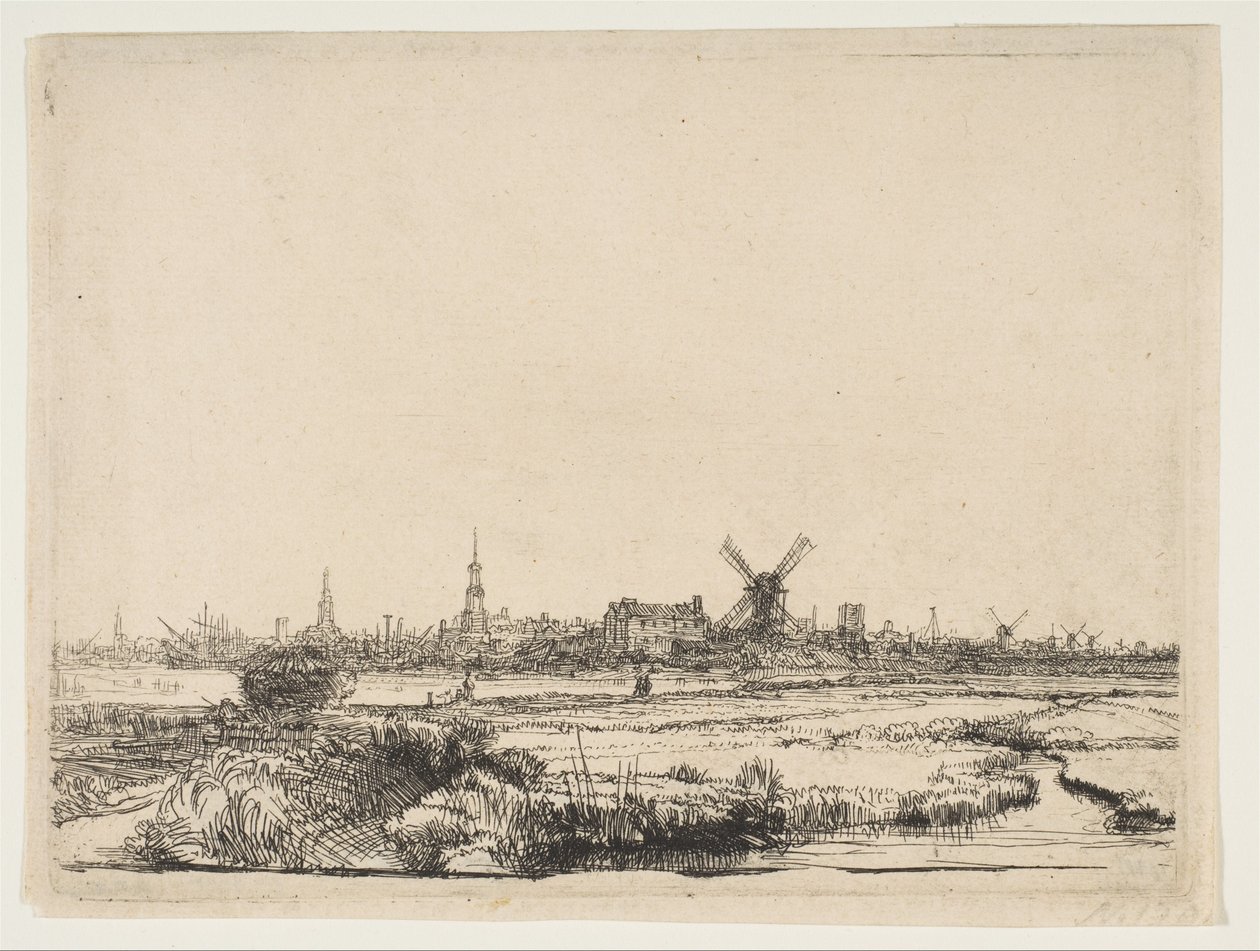 नॉर्थवेस्ट से एम्स्टर्डम का दृश्य, ca. 1640। द्वारा रिमब्रांड वैन रिजन