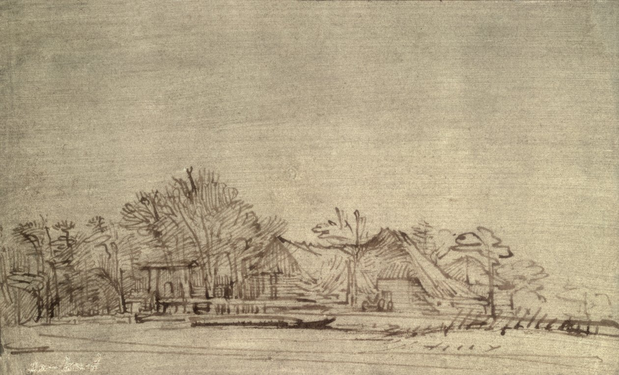 पेड़ों के बीच कॉटेज के साथ शीतकालीन लैंडस्केप, c.1650 (रीड पेन और ब्राउन स्याही) द्वारा रिमब्रांड वैन रिजन