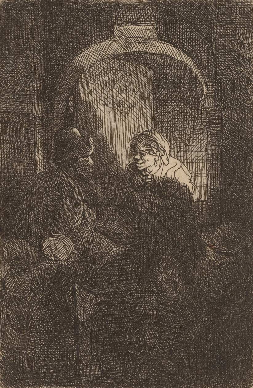 एक डोर हैच पर महिला एक आदमी और बच्चों से बात करती हुई स्कूल मास्टर, 1641। द्वारा रिमब्रांड वैन रिजन