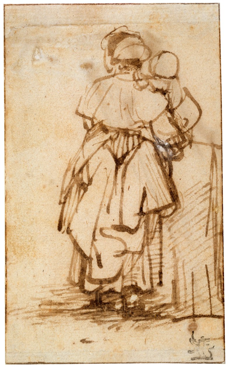 वूमैन विद अ चाइल्ड ऑन हिज़ लैप, 1640s। द्वारा रिमब्रांड वैन रिजन