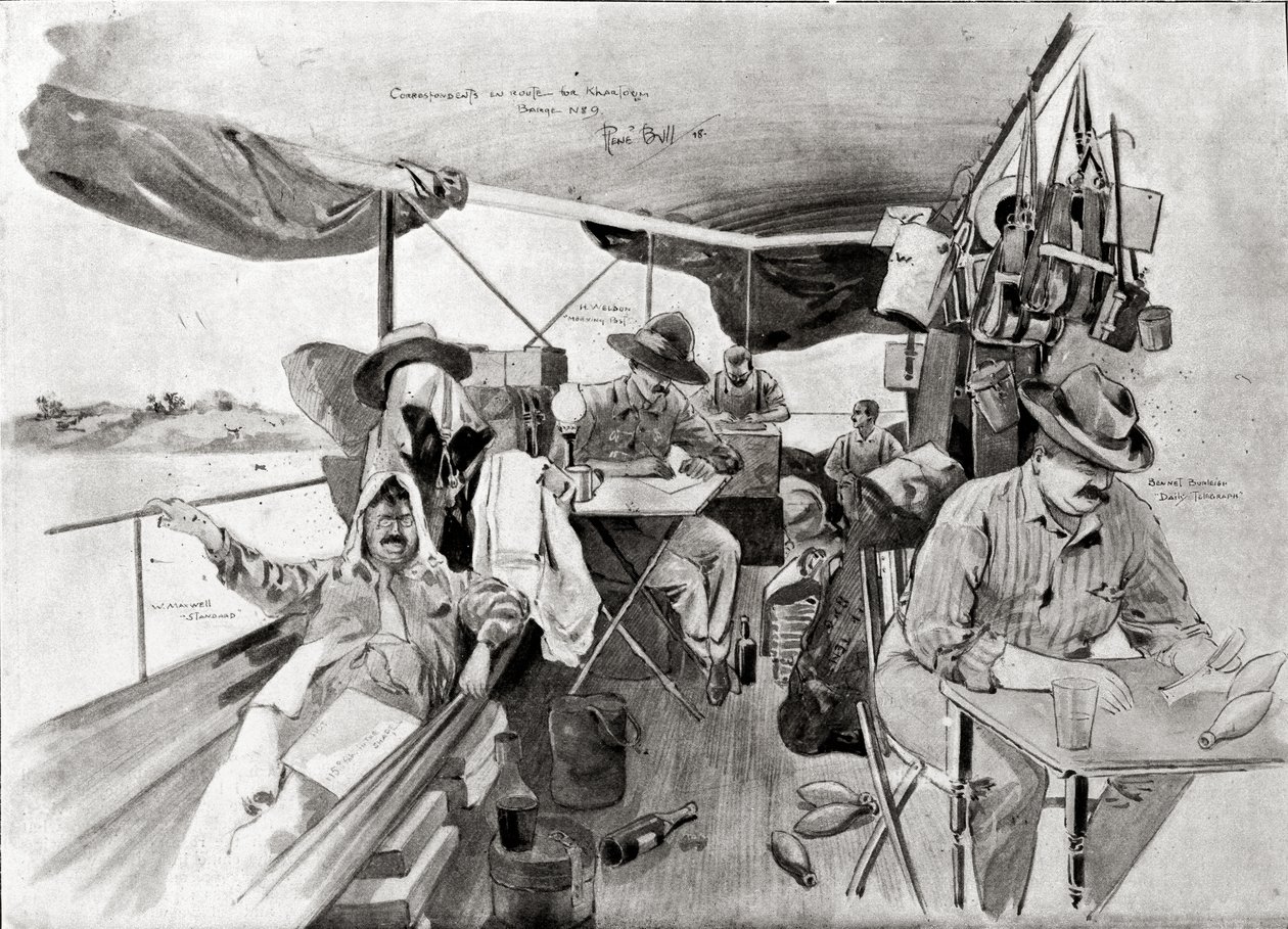 &39;ब्लैक एंड व्हाइट&39;, 20 अगस्त 1898 (लिथोग्राफ) में छपी खार्तूम की सड़क पर युद्ध संवाददाता द्वारा रेने बुल