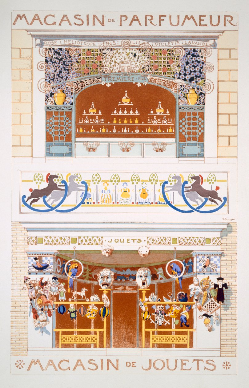 दो शॉप-फ्रंट डिज़ाइन: एक इत्र विक्रेता और एक खिलौने की दुकान, c.1880-95 द्वारा रेने बिनेट