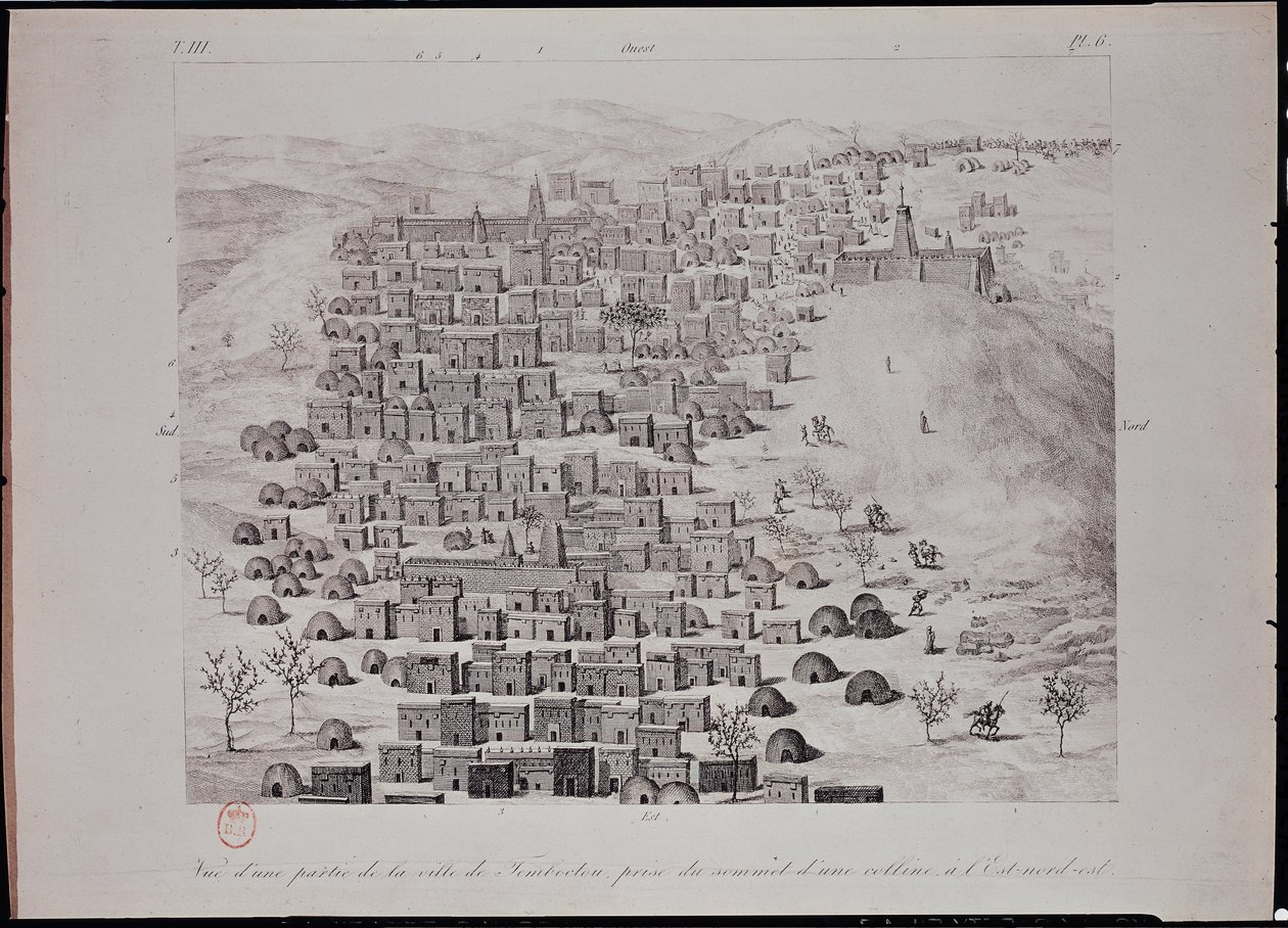 एक पहाड़ी से टिम्बकटू शहर के भाग का दृश्य, &39;जर्नल डी&39;न वोएज ए टोंबौक्टौ एट ए जेने&39;, 1830 द्वारा रेने केली