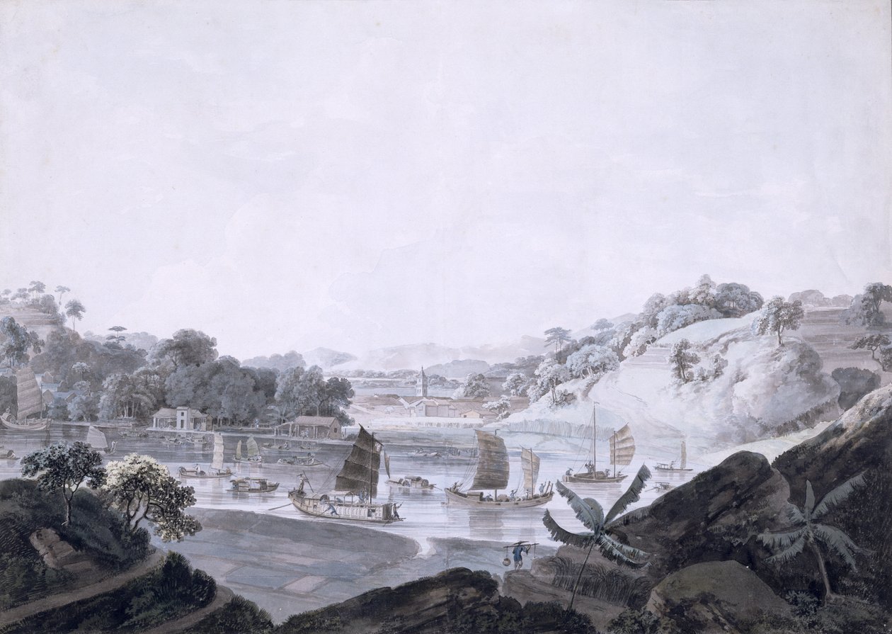 फ्रांसीसी द्वीप पर कुछ-चीओन का दृश्य, चीन के डेनस द्वीप से लिया गया, 1793-94 (शिलालेख पर ग्रेफाइट से अधिक) द्वारा रेव। एडवर्ड थॉमस डेनियल