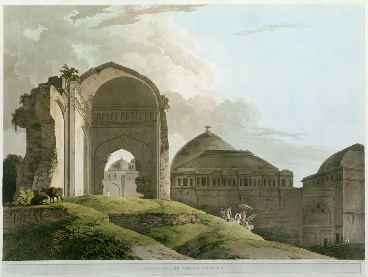 मदुरै में पैलेस का खंडहर, थॉमस और विलियम द्वारा उत्कीर्ण (1769-1837) डैनियल, 1798 प्रकाशित (रंग लिथो) द्वारा रेव। एडवर्ड थॉमस डेनियल