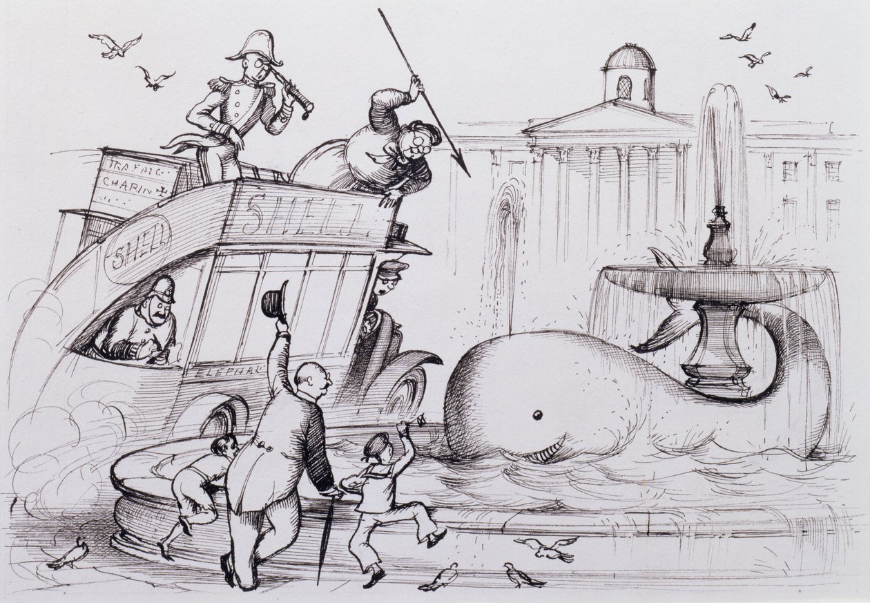 ट्राफलगर स्क्वायर में एक व्हेल, c.1930 (कलम और स्याही) द्वारा रेक्स व्हिसलर
