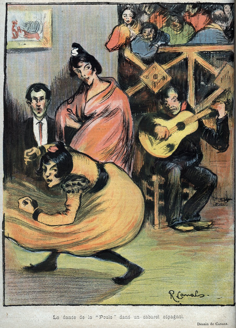 स्पेनिश कैबरे में मुर्गी का नृत्य - ले रीरे डे 1898 में आर. कैनाल द्वारा ड्राइंग - द्वारा रिकार्डो नहरों Y Llambi