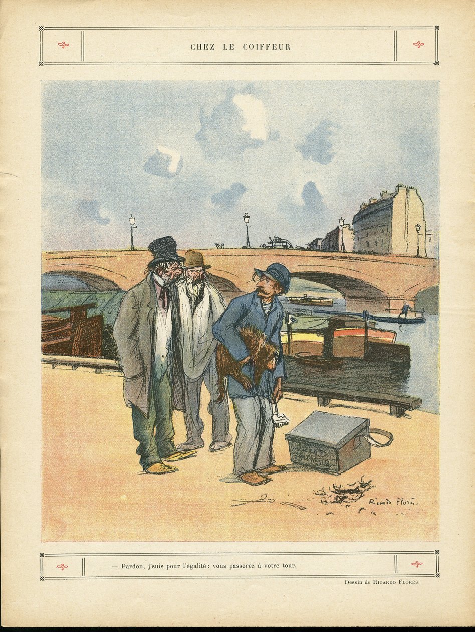 Le Rire में रिकार्डो फ्लोर्स (1878-1918) का चित्रण, 05/10/12 - नाई पर - पेरिस, पेशे, वास्तुकला नगर नियोजन, पुल, नदी नदी - कुत्ता, नाई द्वारा रिकार्डो फ्लोर्स