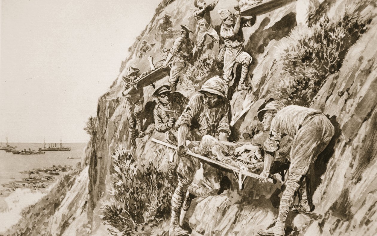 एक RAMC करतब करना मुश्किल है: &39;द इलस्ट्रेटेड वॉर न्यूज&39; की ओर से डारडानेल्स में सुवला बे बैटल के दौरान घायलों को नीचे लाया गया। द्वारा रिचर्ड केटन वुडविले जूनियर
