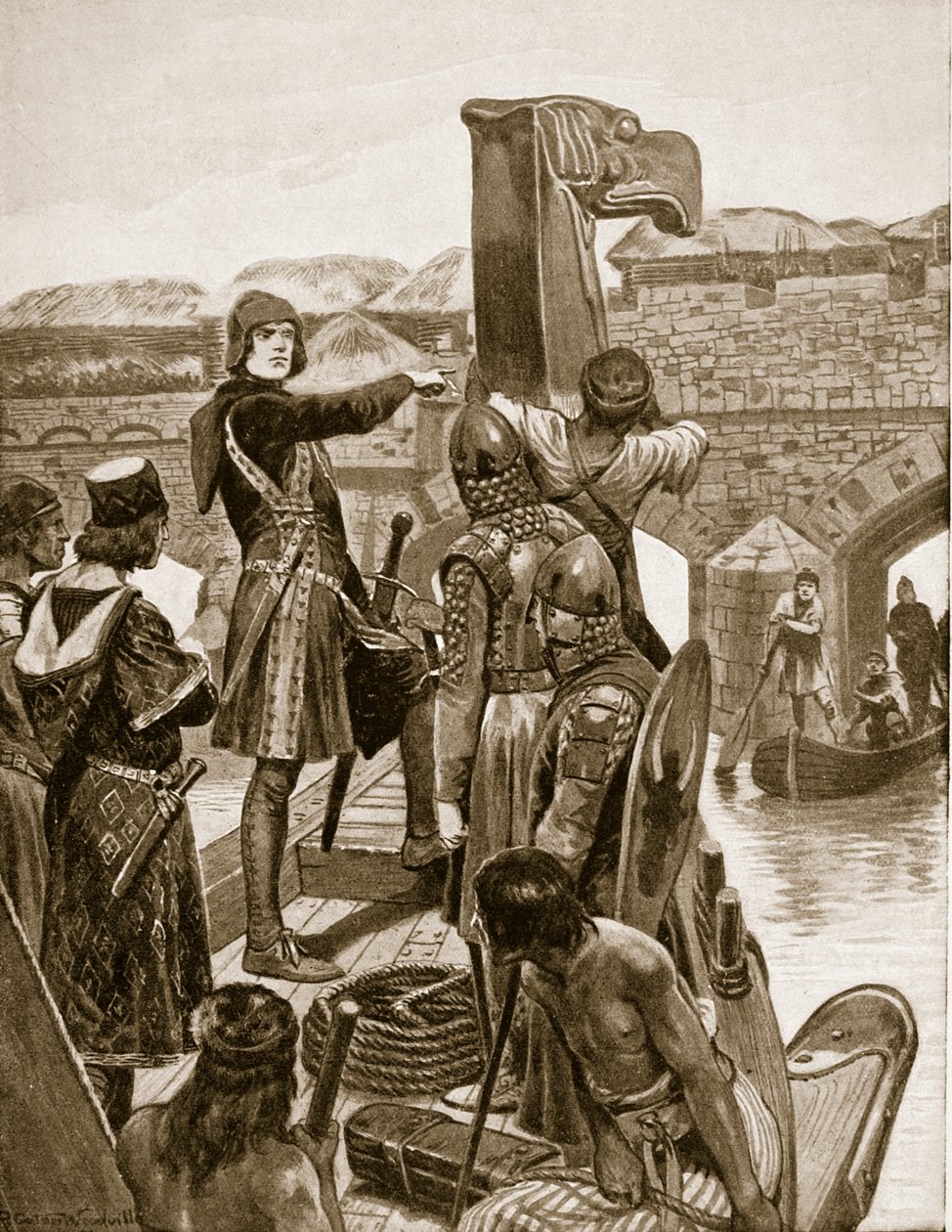 अर्ल गॉडविन 1052 में लंदन ब्रिज के नीचे, अपने बेटे हेरोल्ड को आयरलैंड के 9 जहाजों के साथ मिलाने के लिए रवाना हुए, &39;हचिन्सन की कहानी ब्रिटिश नेशन की कहानी&39;, c.1923 द्वारा रिचर्ड केटन वुडविले जूनियर