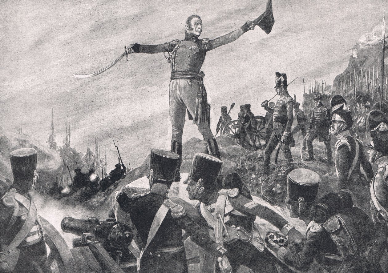 जनरल क्रॉफर्ड ने 43 वीं और 52 वीं रेजिमेंट के लिए कमान का शब्द दिया, जो कैसल, लंदन, c.1910 द्वारा प्रकाशित &39;ब्रिटिश बैटल ऑन लैंड एंड सी&39; से चित्रण है। द्वारा रिचर्ड केटन वुडविले जूनियर