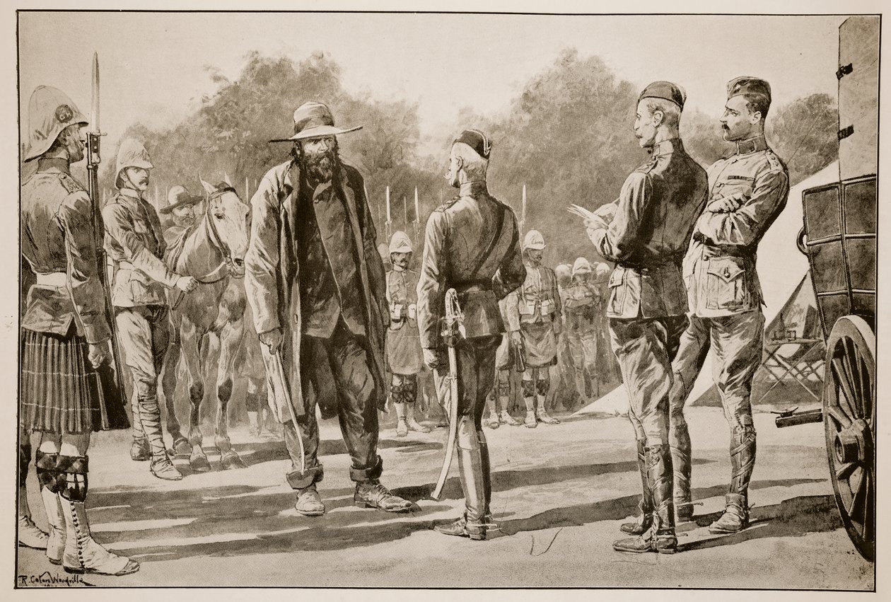 &39;माजूबा डे&39;: किसान जनरल पीट क्रोनजे ने 27 फरवरी 1900 को फ्रेडरिक विलर्स (1851-1922) के एक स्केच से पर्डेबर्ग में लॉर्ड रॉबर्ट्स के सामने आत्मसमर्पण किया। द्वारा रिचर्ड केटन वुडविले जूनियर