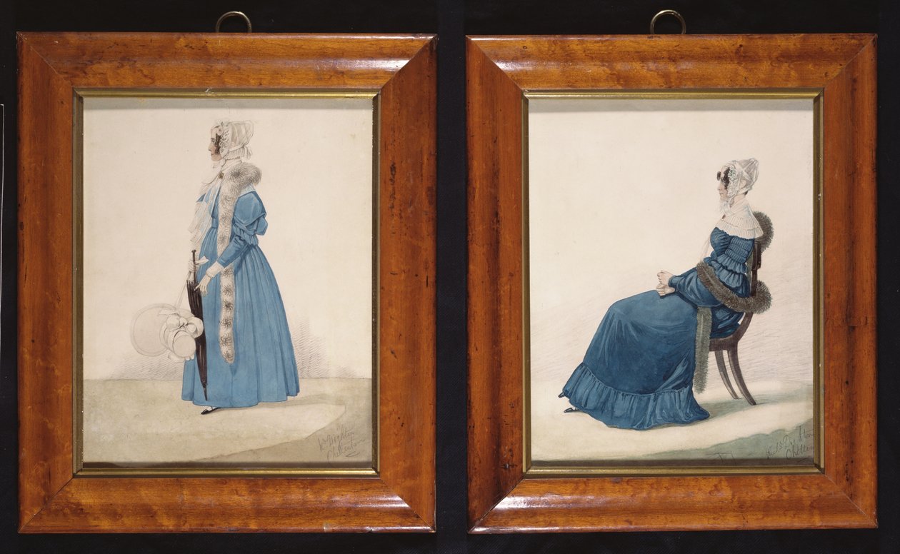 ब्लू ड्रेसेस में एक सीटिंग और स्टैंडिंग लेडी के दो चित्र, c.1830 (कागज पर wc और पेंसिल) द्वारा रिचर्ड डाइटन