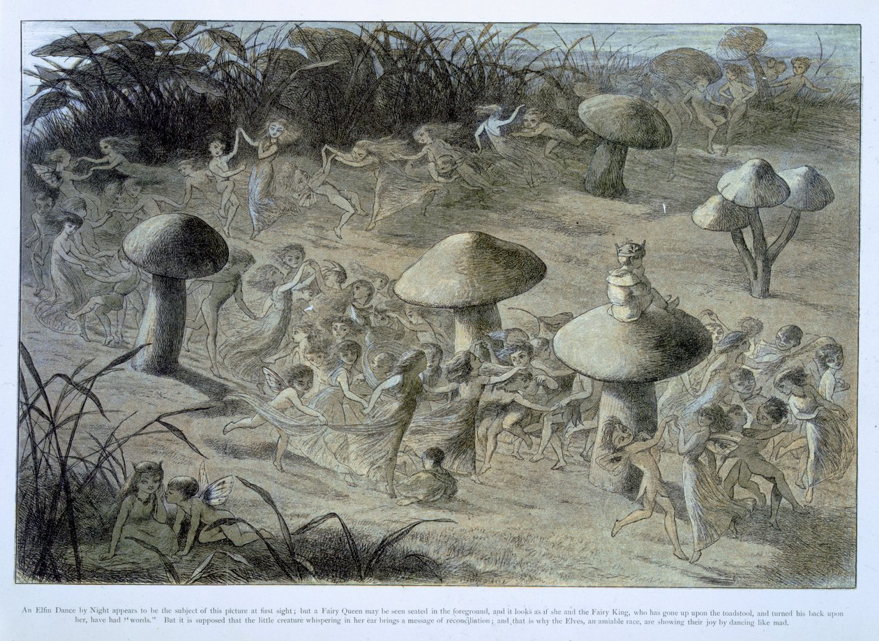 नाइट द्वारा एक एल्फिन नृत्य, विलियम एलिंगम और एंड्रयू लैंग द्वारा &39;इन फेयरीलैंड: ए सीरीज ऑफ द एल्फ-वर्ल्ड&39; से चित्रण द्वारा रिचर्ड डॉयल