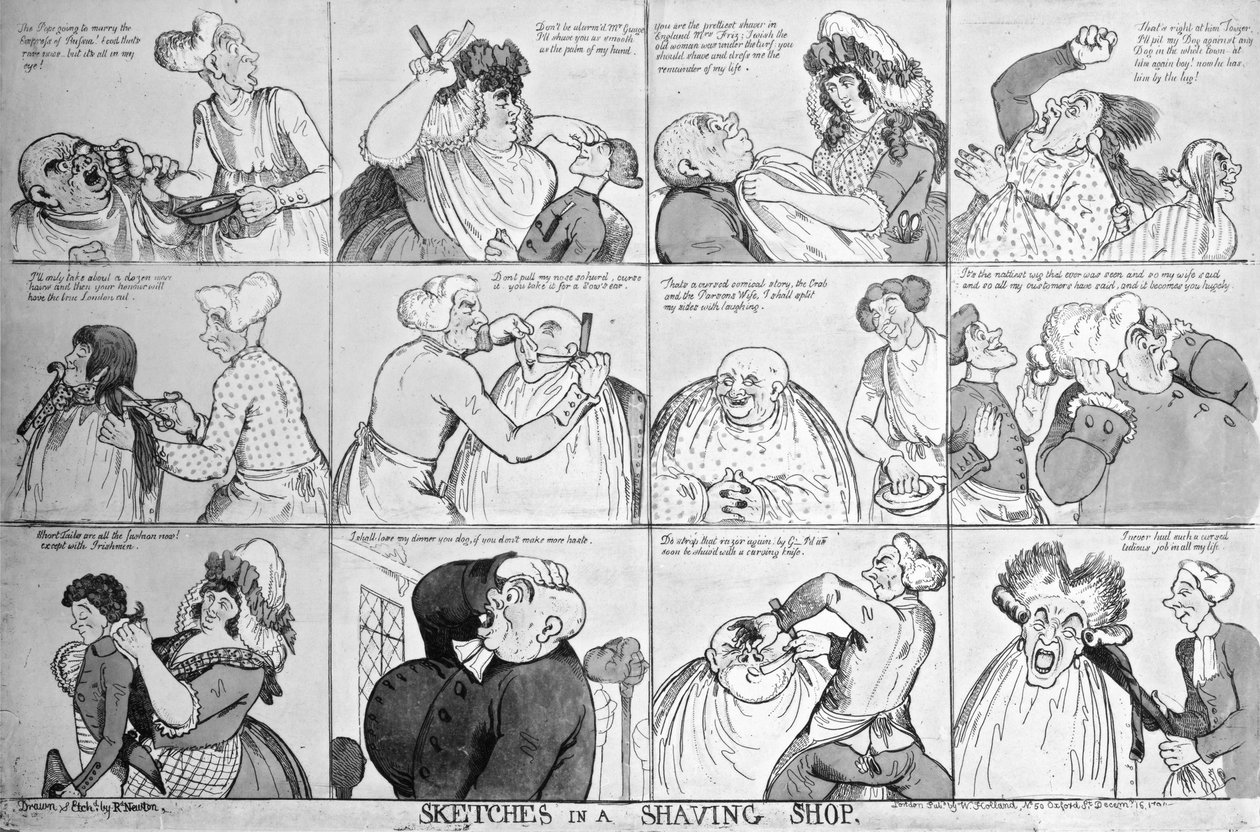 शेविंग शॉप, 1794 में स्केच द्वारा रिचर्ड न्यूटन