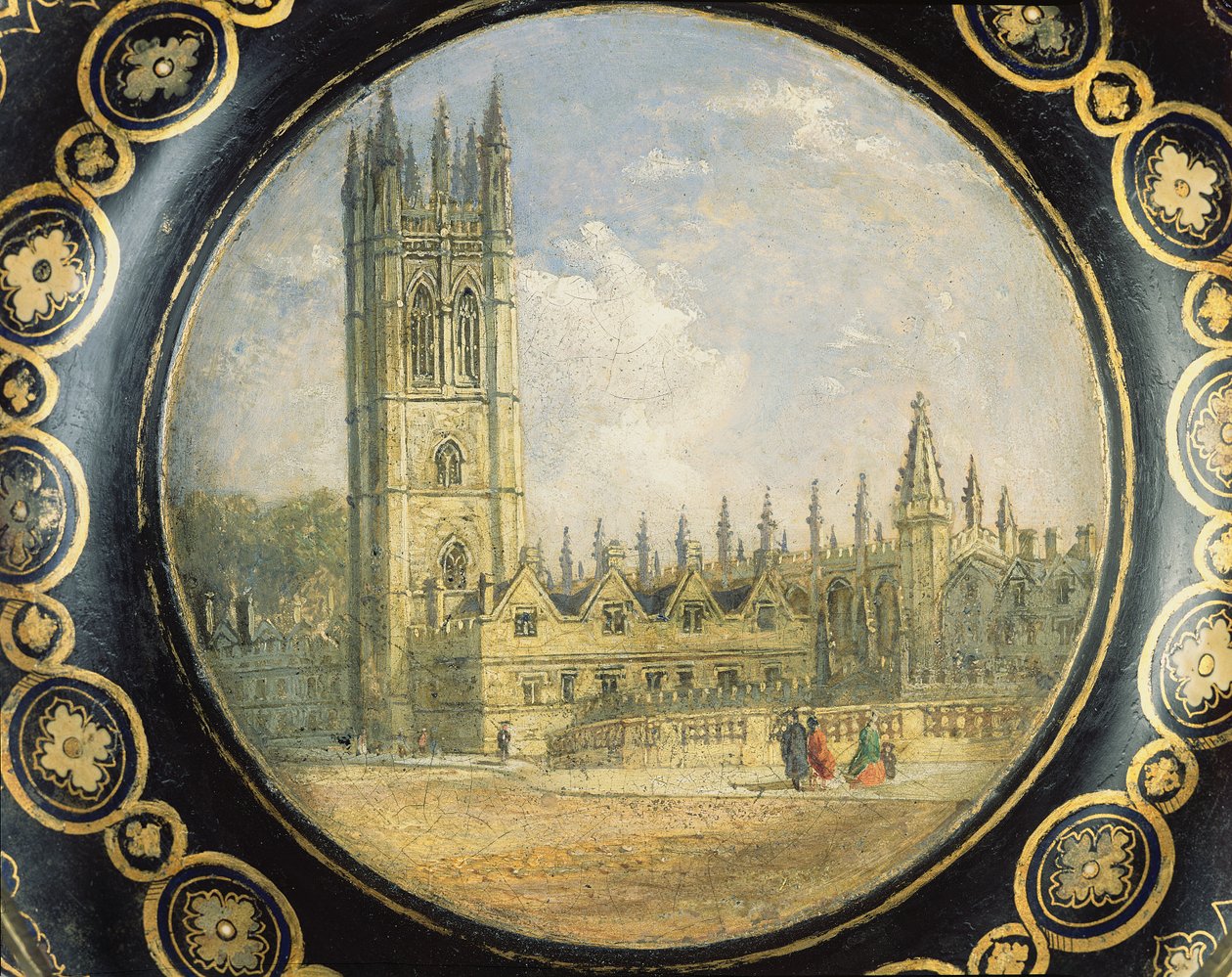 Magdalen College, Oxford (papier mache) के दृश्य के साथ सजाया गया विक्टोरियन कार्ड ट्रे द्वारा रिचर्ड फेन और बेंजामिन डब्ल्यू स्पियर्स