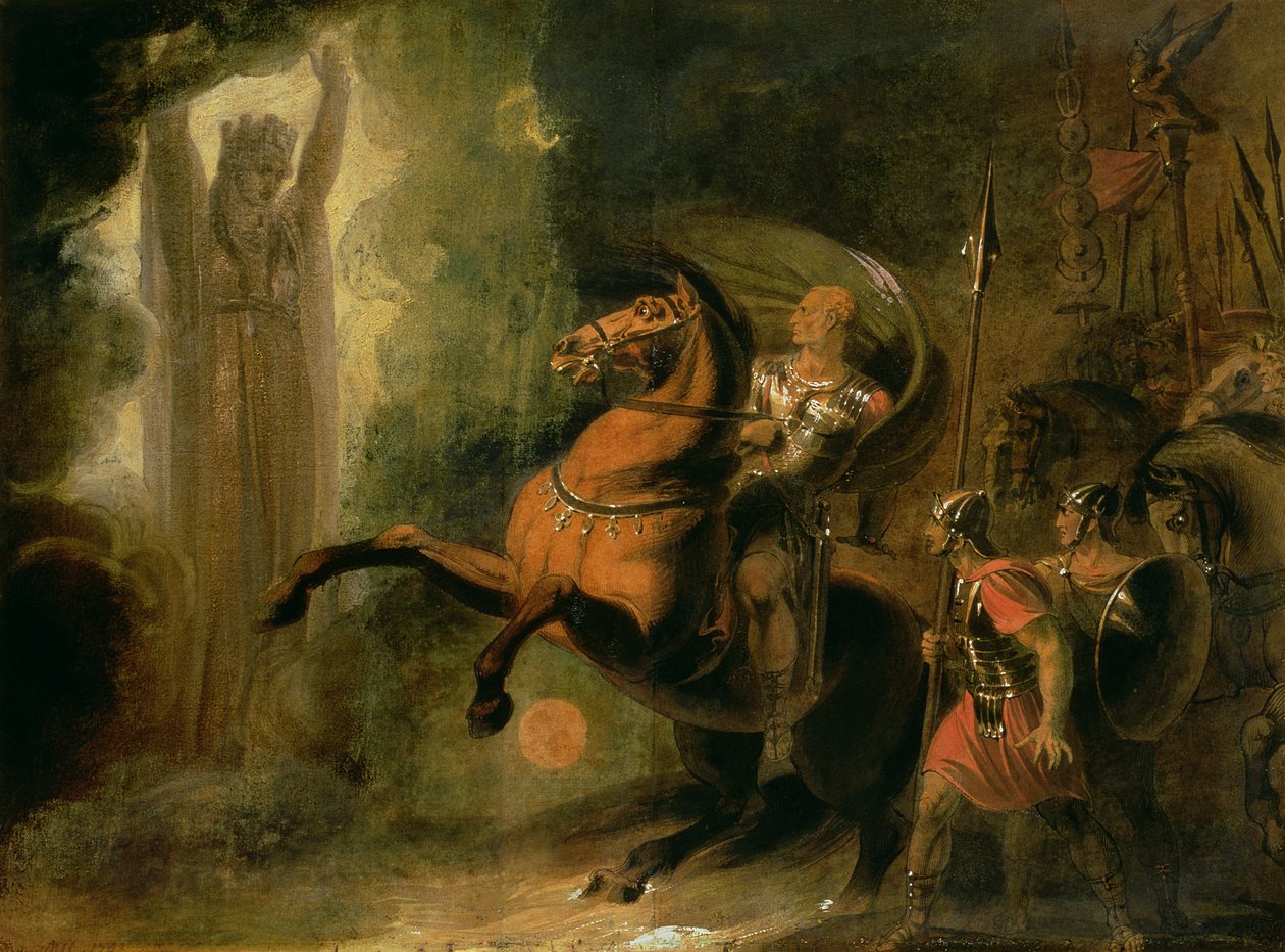 रूबिकॉन के बैंक में जूलियस सीजर को दिखने वाली देवी रोमा, c.1793 (कागज पर wc और तेल) द्वारा रिचर्ड वेस्टल