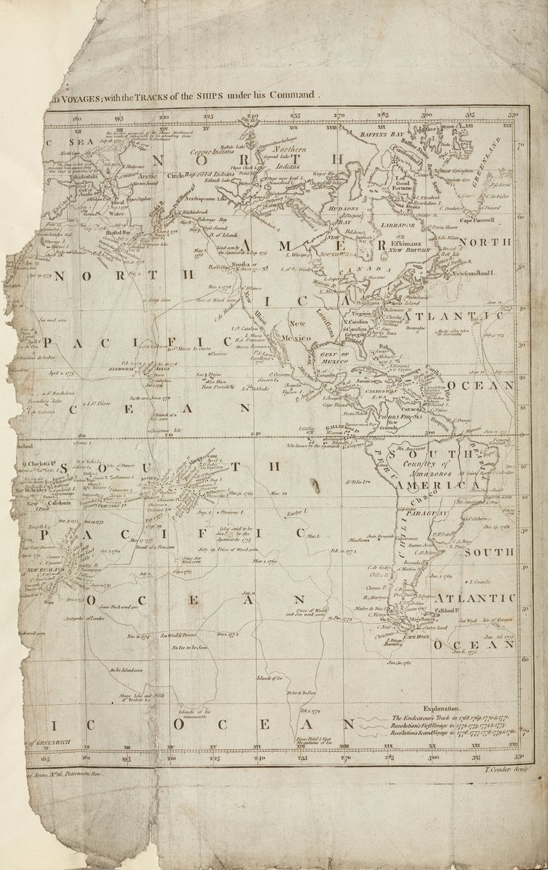 कुक की यात्राओं का नक्शा, c 1780 द्वारा रिचर्ड (बाद में) डड्डो