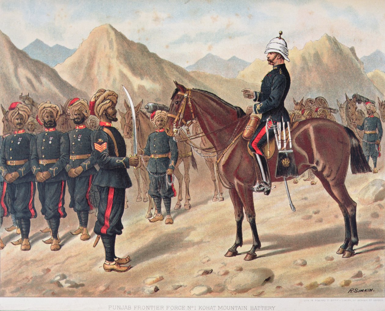 पंजाब फ्रंटियर फोर्स नंबर 1 कोहाट माउंटेन बैटरी, 1880 के दशक की एंग्लो-इंडियन आर्मी (कलर लिथो) द्वारा रिचर्ड (बाद में)