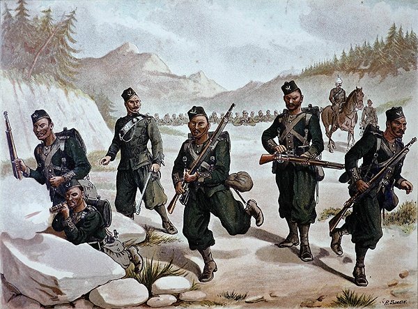 तीसरा गोरखा झड़प, 1880 के दशक की एंग्लो-इंडियन सेना (रंगीन लिथो) द्वारा रिचर्ड (बाद में)