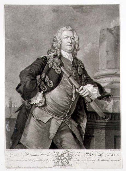 जॉन फेबर (1684-1756) 1746 (उत्कीर्णन) द्वारा उत्कीर्ण एडमिरल थॉमस स्मिथ (डी.1762) व्हाइट के वाइस-एडमिरल का पोर्ट्रेट द्वारा रिचर्ड (बाद) विल्सन