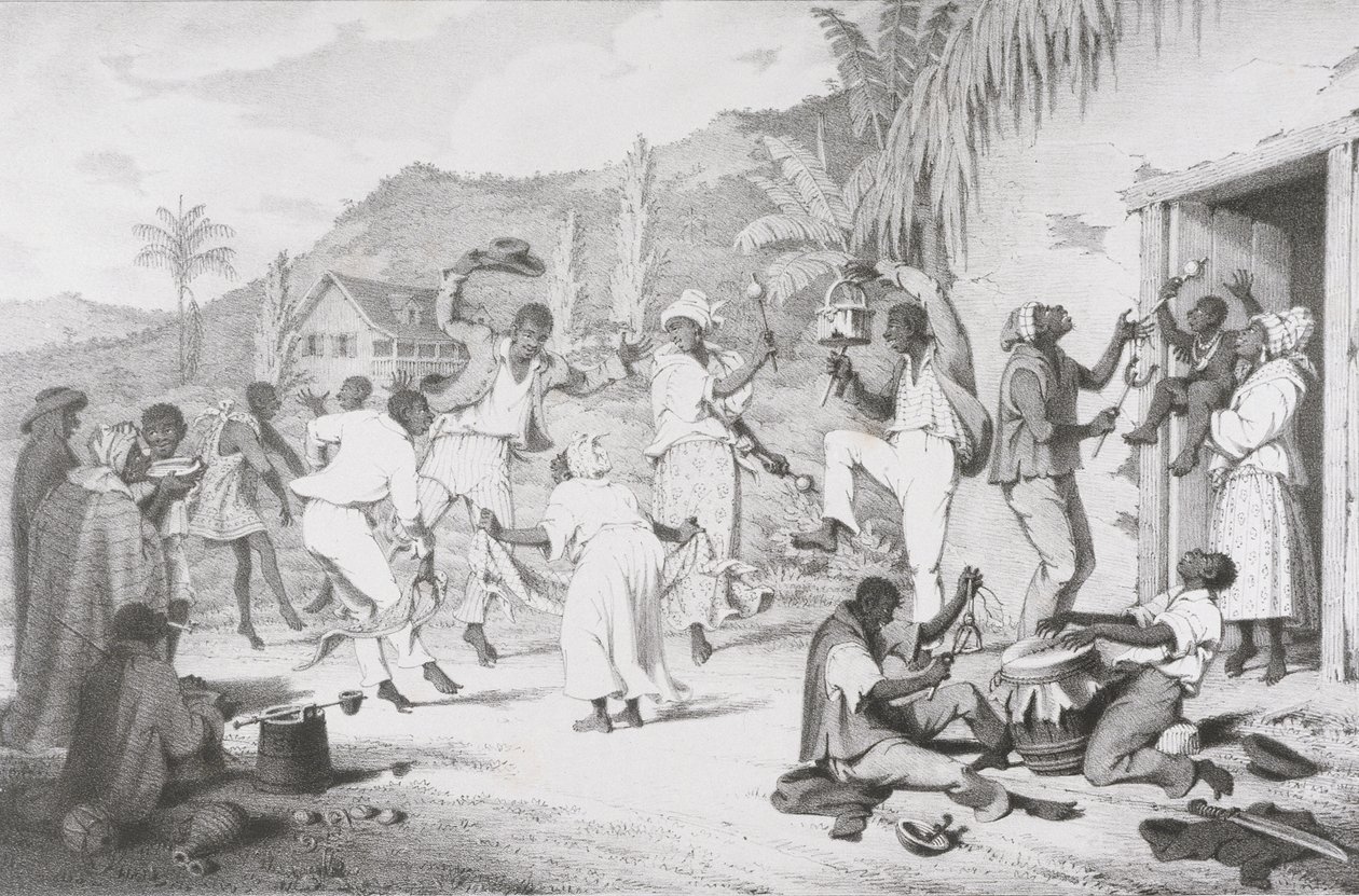 ब्लैक डांस, 'वेस्ट इंडिया सीनरी विद इलस्ट्रेशन्स ऑफ नीग्रो कैरेक्टर' से, आर. जेनिंग्स द्वारा मुद्रित द्वारा रिचर्ड ब्रिजेंस