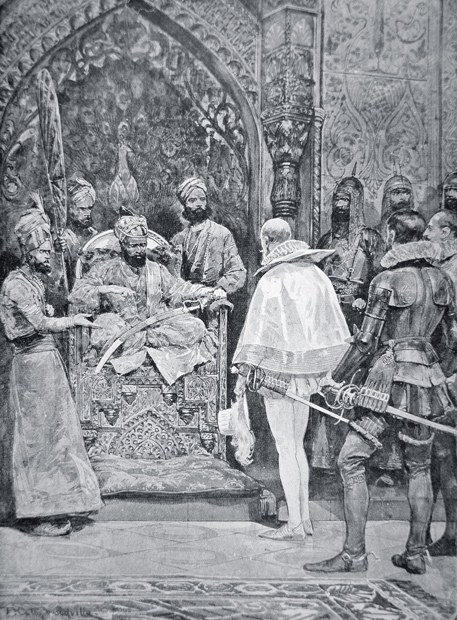 अकबर महान ने 1599 में महारानी एलिजाबेथ के राजदूत की अगवानी की (लिथो) द्वारा रिचर्ड कैटन (के बाद) वुडविले