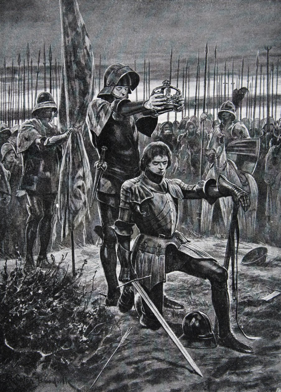 हेनरी VII को बोसवर्थ में ताज पहनाया गया, 'द हिस्ट्री ऑफ द नेशन' (लिथो) से चित्रण द्वारा रिचर्ड कैटन II (बाद में) वुडविले
