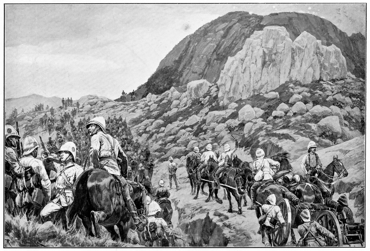 24 जनवरी 1900 को स्पायन कोप, द्वितीय बोअर युद्ध पर हमले के लिए जाने वाला ब्रिटिश तोपखाना द्वारा रिचर्ड कैटन II वुडविले