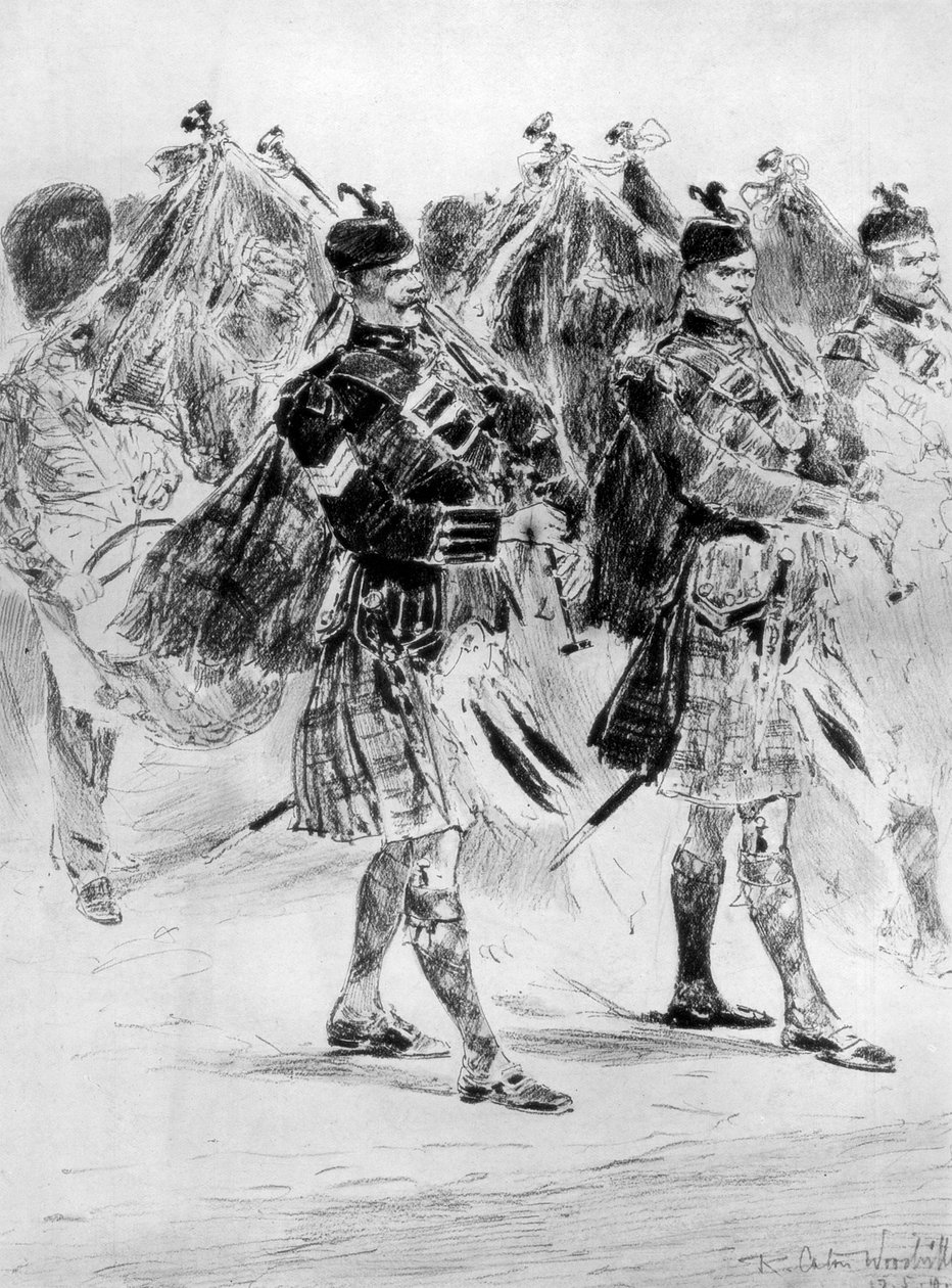 द वायल ऑफ द पाइप्स, द हाइलैंड सोल्जर्स लाम, 1910 में। द्वारा रिचर्ड कैटन II वुडविले