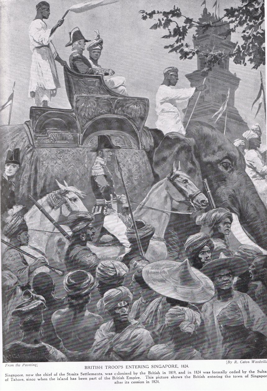 सिंगापुर में ब्रिटिश सैनिकों का प्रवेश, 1824, &39;हचिन्सन की कहानी ब्रिटिश नेशन की कहानी&39; द्वारा रिचर्ड केटन वुडविले