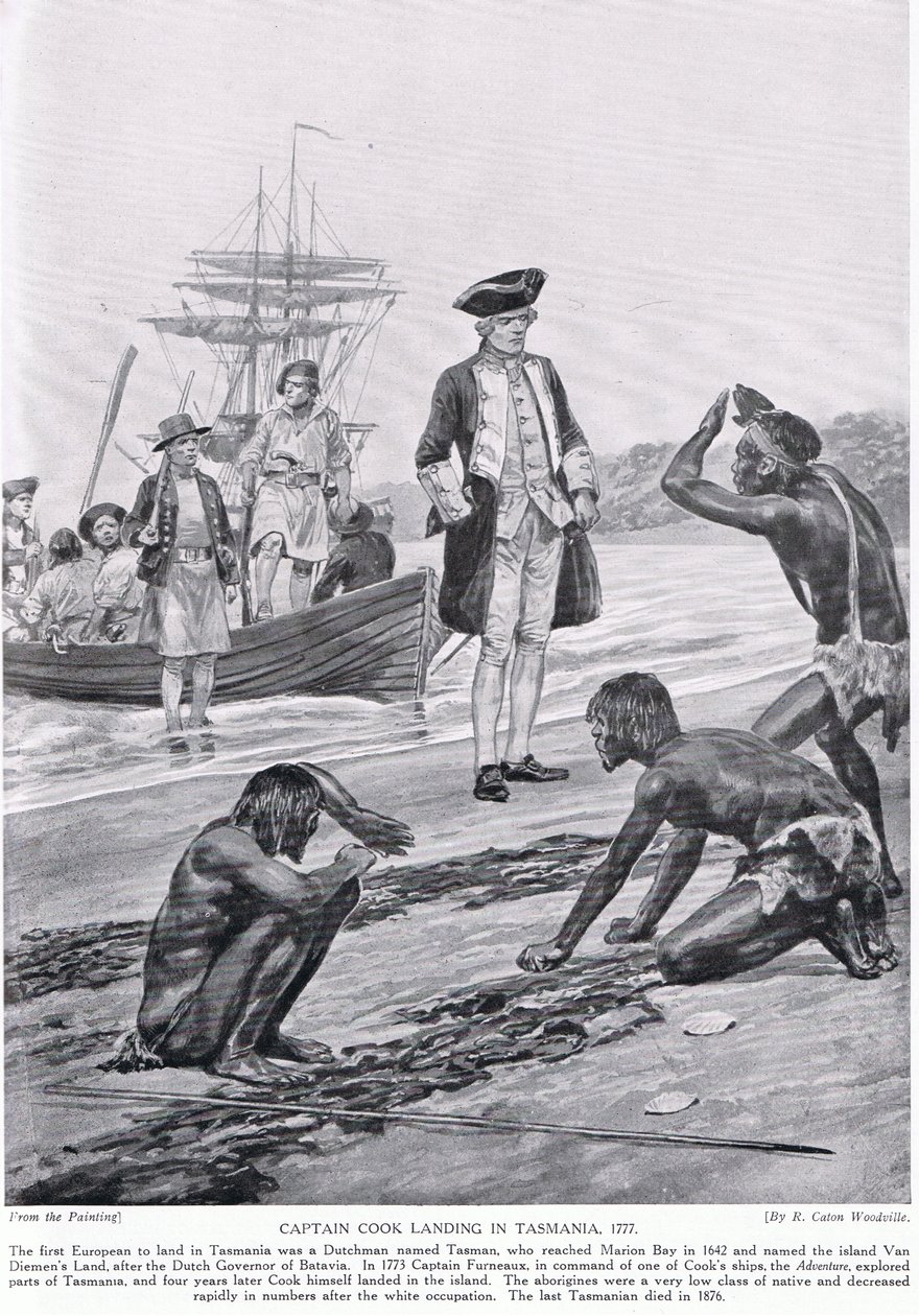 1777 में तस्मानिया में कैप्टन कुक का उतरना, &39;हचिंसन ऑफ़ द ब्रिटिश नेशन&39; का चित्रण, c.1923 द्वारा रिचर्ड केटन वुडविले