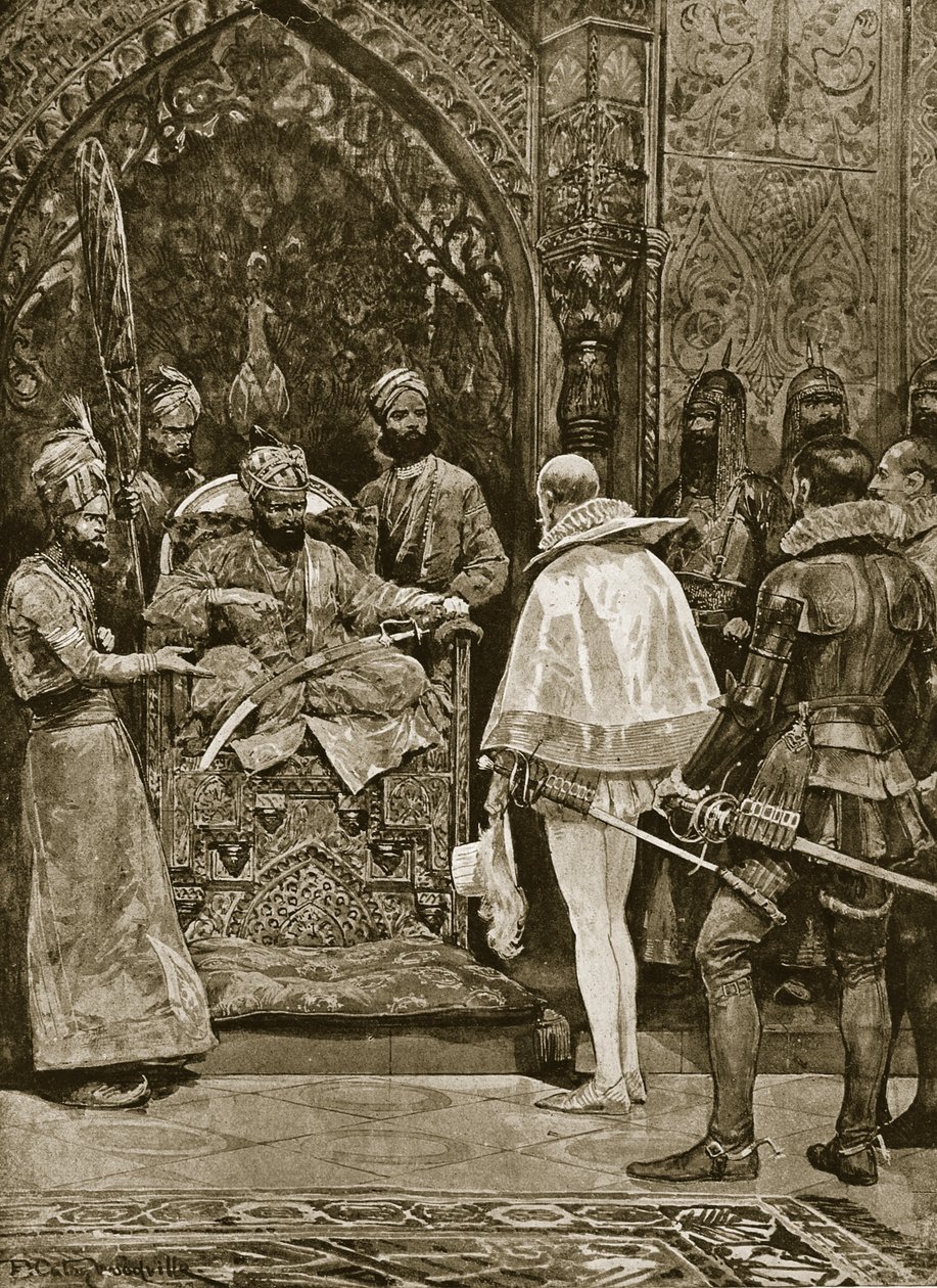 भारत में एक प्रारंभिक अंग्रेजी दूतावास, 1599, &39;हचिंसन ऑफ़ द ब्रिटिश नेशन&39; का चित्रण, c.1923 द्वारा रिचर्ड केटन वुडविले जूनियर