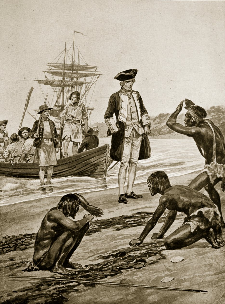 1777 में तस्मानिया में कैप्टन कुक का उतरना, &39;हचिंसन ऑफ़ द ब्रिटिश नेशन&39; का चित्रण, c.1923 द्वारा रिचर्ड केटन वुडविले जूनियर