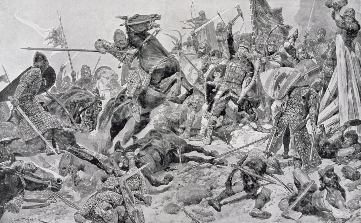 हेरॉल्ड्स (c.1022-66) लास्ट स्टैंड, सर एवलिन वुड द्वारा संपादित &39;लैंड एंड सी&39; पर ब्रिटिश बैटल से चित्रण (1838-1919) पहली बार 1915 में प्रकाशित द्वारा रिचर्ड केटन वुडविले जूनियर