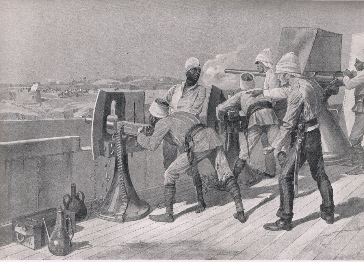 नील नदी के रास्ते में: दरवेश में फायरिंग, ब्रिटिश बैटल ऑन लैंड एंड सी, 1915 से चित्रण द्वारा रिचर्ड केटन वुडविले जूनियर