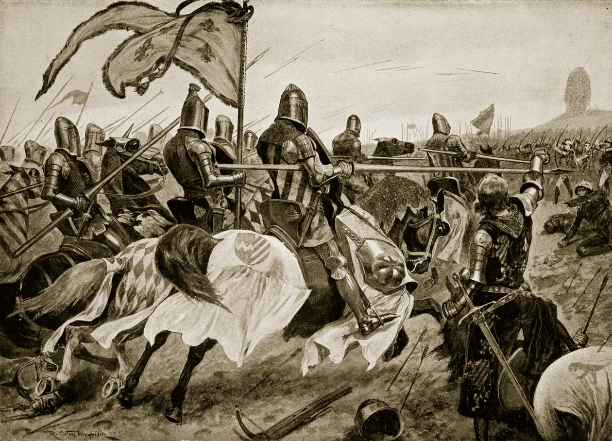 क्रेसी की लड़ाई, 26 अगस्त 1346, &39;हचिन्सन की कहानी ब्रिटिश राष्ट्र की कहानी&39;, c.1923 द्वारा रिचर्ड केटन वुडविले जूनियर
