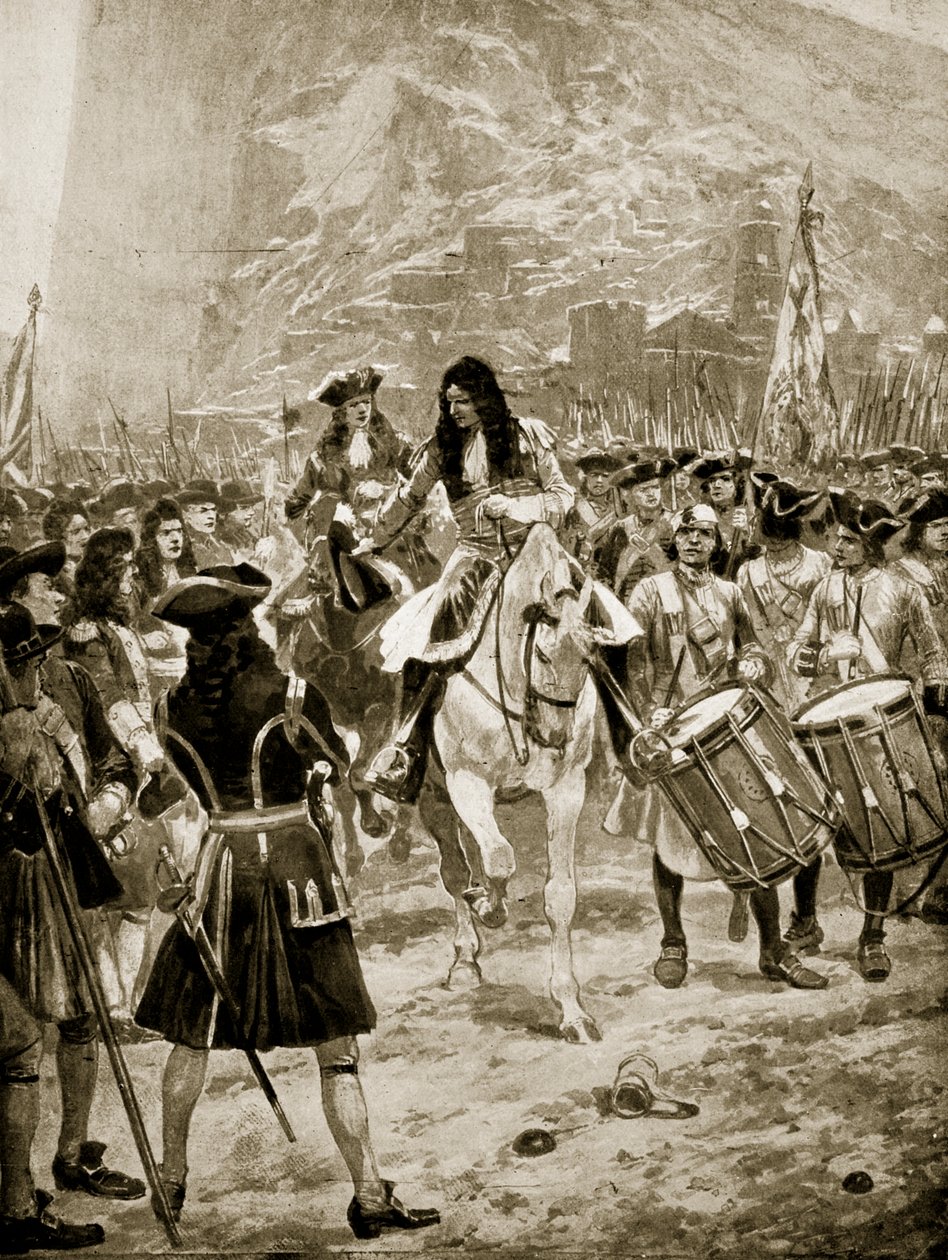 अंग्रेजी में जिब्राल्टर का आत्मसमर्पण, 24 जुलाई 1704, &39;हचिंसन की कहानी ब्रिटिश राष्ट्र की कहानी&39;, c.1923 द्वारा रिचर्ड केटन वुडविले जूनियर
