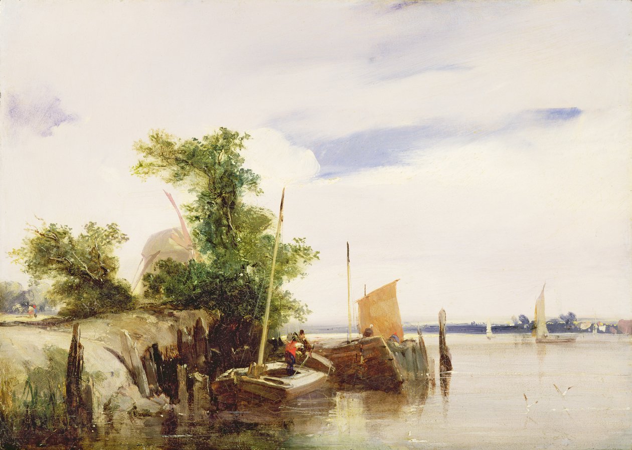 एक नदी पर बजरा, c.1825-26 (मिलबोर्ड पर तेल) (हस्ताक्षरित) द्वारा रिचर्ड पार्क्स बोनिंगटन
