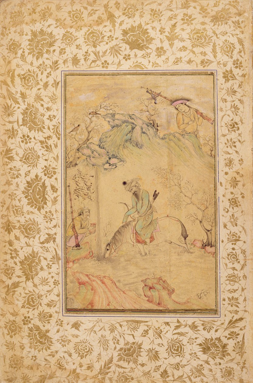 लैंडस्केप में शिकारी, c.1615 (कागज पर स्याही, wc और सोना) द्वारा रिज़ा और अब्बासी