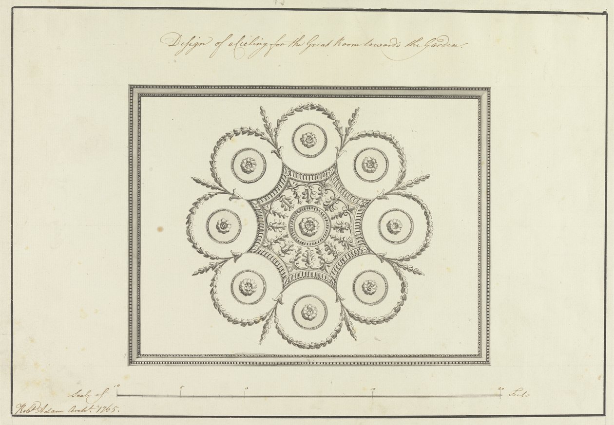ग्रेट रूम की छत के लिए डिजाइन, लैंगफोर्ड हाउस, 1765 (कागज पर ग्रे वॉश के साथ कलम, काली और भूरी स्याही) द्वारा रॉबर्ट एडम